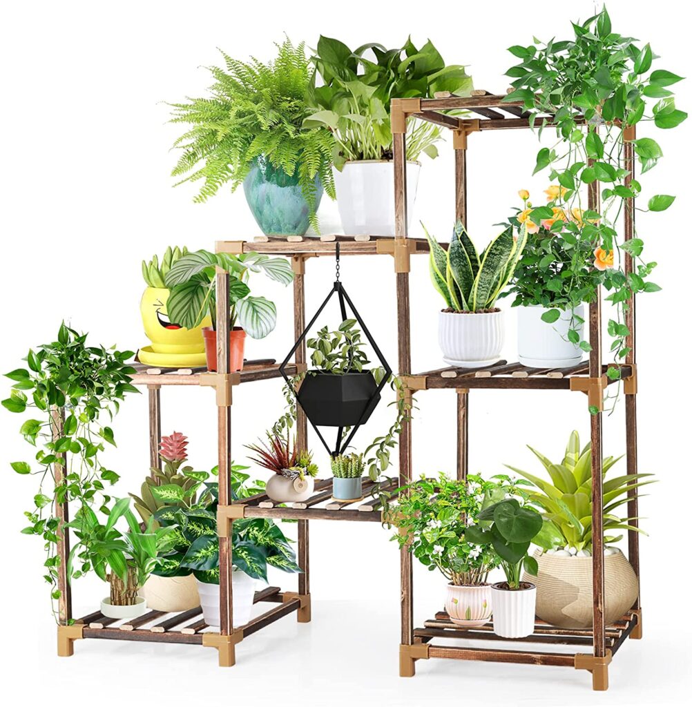 Wood Plant Stand Indoor Outdoor, YGOCH Tiered Plant Shelf for Multiple Plants, 3 Tiers 7 Potted Ladder Plant Holder Table Plant Pot Stand for Window Garden Balcony Living Room, Flower Shelf for Patio