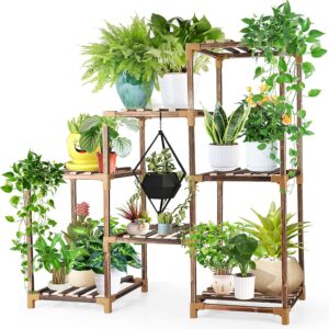 Wood Plant Stand Indoor Outdoor, YGOCH Tiered Plant Shelf for Multiple Plants, 3 Tiers 7 Potted Ladder Plant Holder Table Plant Pot Stand for Window Garden Balcony Living Room, Flower Shelf for Patio