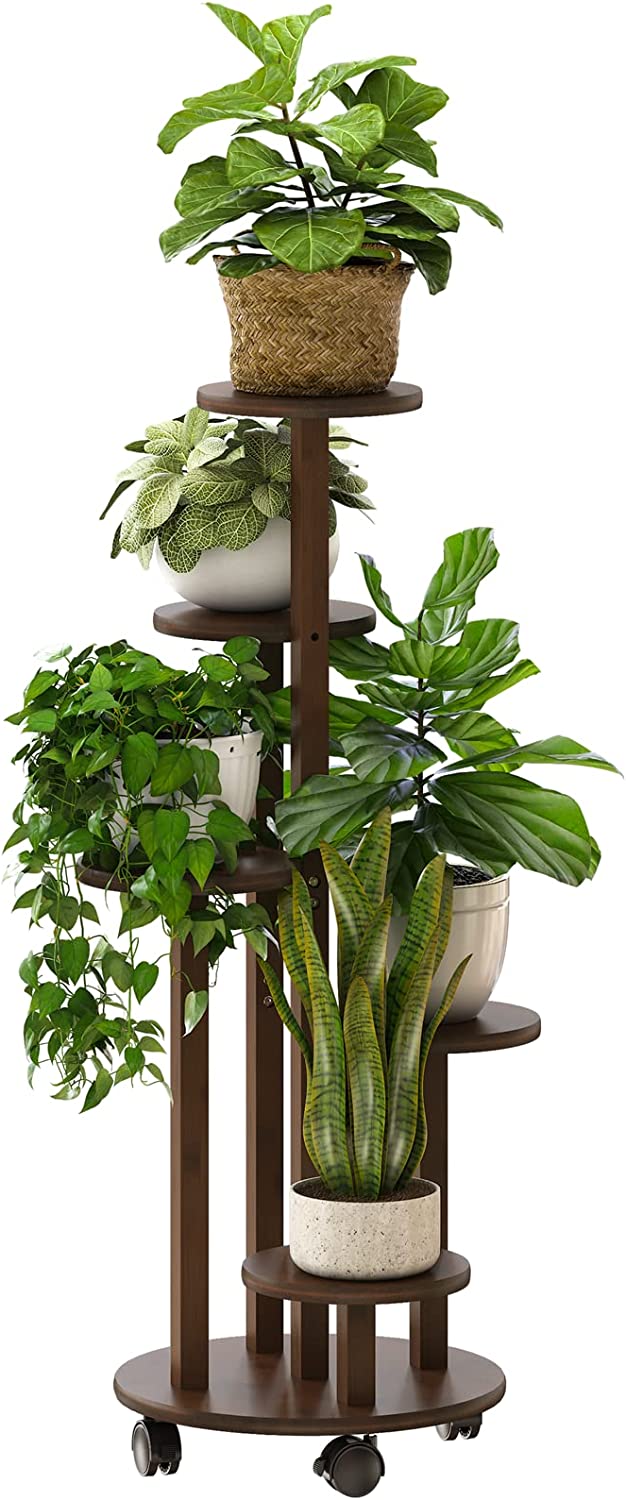 5 Tiered Tall Plant Stand for Indoor Outdoor, Wood Plant Shelf Corner Display Rack, Multi-tier Planter Pot Holder Flower Stand for Living Room Balcony Garden Patio (Brown)